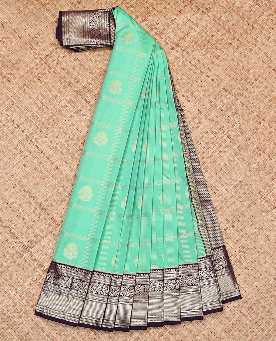 Green Budget Silk Saree, Finely Crafted with Zari Butta Enclosed Checks, Complemented by a Contrast Traditional Zari Border, Jaal Pallu, and a Contrast Blouse