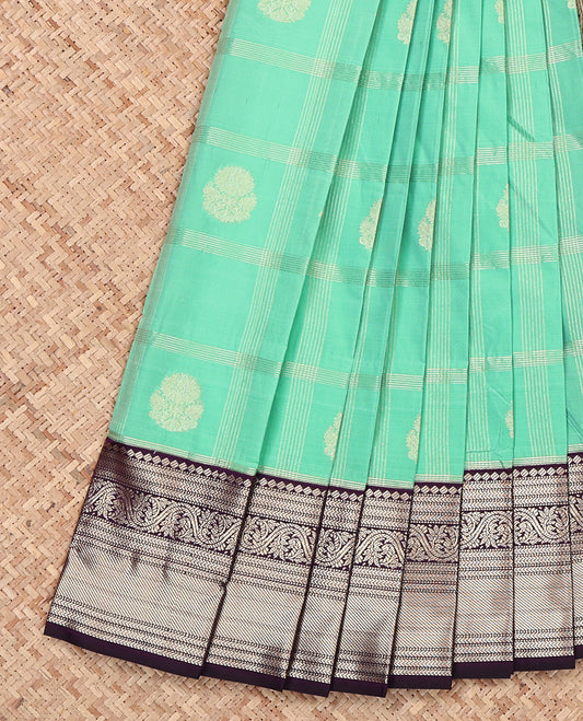 Green Budget Silk Saree, Finely Crafted with Zari Butta Enclosed Checks, Complemented by a Contrast Traditional Zari Border, Jaal Pallu, and a Contrast Blouse