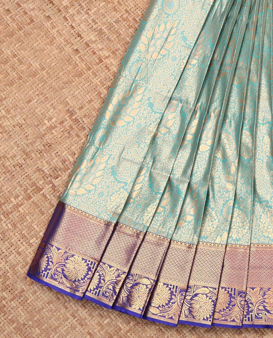 Blue Budget Silk Saree Showcasing Jacquard, Complemented by a Contrast Traditional Zari Border, Jaal Pallu, and a Contrast Blouse