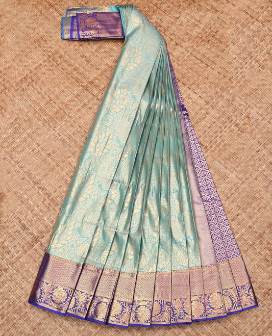 Blue Budget Silk Saree Showcasing Jacquard, Complemented by a Contrast Traditional Zari Border, Jaal Pallu, and a Contrast Blouse