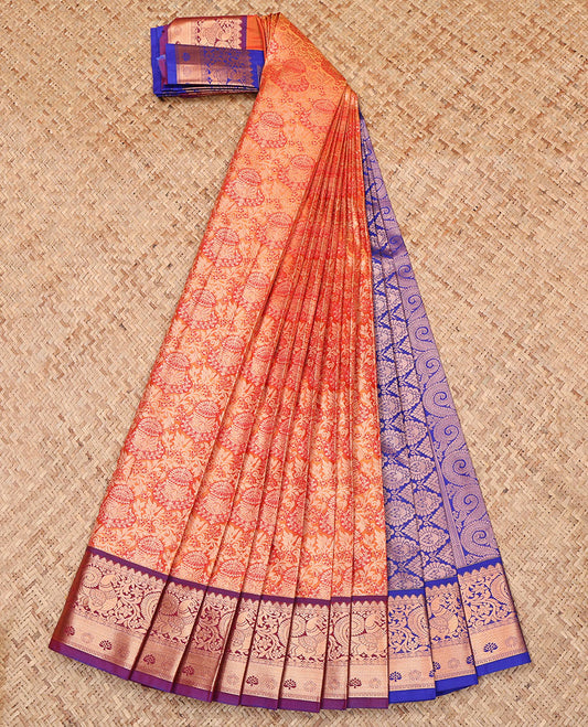 Orange Budget Silk Saree, Embellished with a Jacquard Design, Complemented by a Contrast Traditional Zari Border, Grand Pallu, and Contrast Blouse