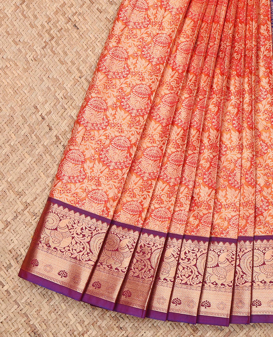 Orange Budget Silk Saree, Embellished with a Jacquard Design, Complemented by a Contrast Traditional Zari Border, Grand Pallu, and Contrast Blouse