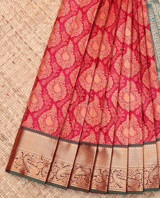 Red Budget Silk Saree, Woven with Jacquard Design, Complemented by a Contrast Traditional Zari Border, Intricate Pallu, and a Contrast Blouse