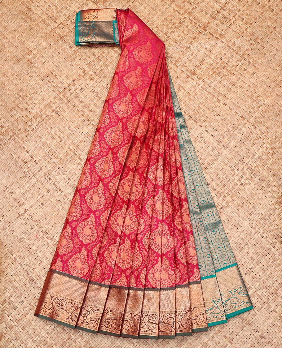 Red Budget Silk Saree, Woven with Jacquard Design, Complemented by a Contrast Traditional Zari Border, Intricate Pallu, and a Contrast Blouse