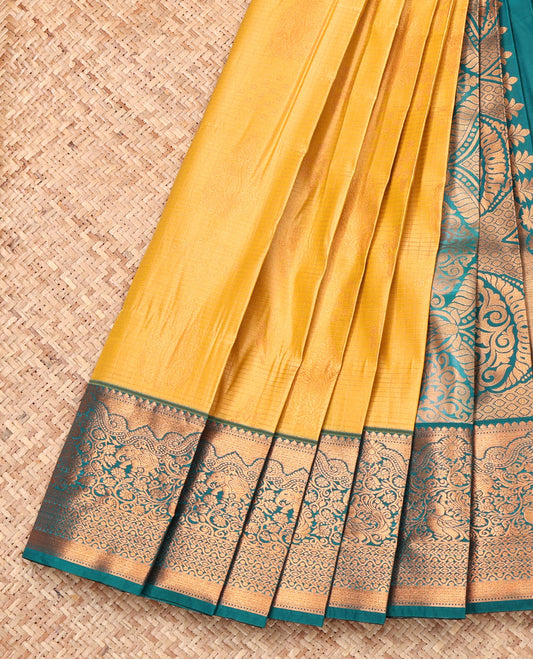 Yellow Budget Silk Saree, Sparsely Woven with Zari Buttas and Checks, Complemented by a Contrast Traditional Border, Intricate Pallu, and Contrast Blouse