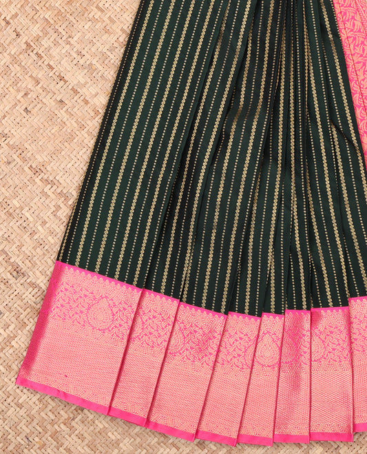 Green Budget Silk Saree, Gracefully Embellished with Zari Stripes, Complemented by a Contrast Traditional Zari Border, Grand Pallu, and a Contrast Blouse