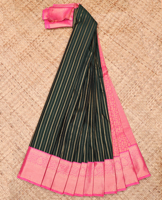 Green Budget Silk Saree, Gracefully Embellished with Zari Stripes, Complemented by a Contrast Traditional Zari Border, Grand Pallu, and a Contrast Blouse