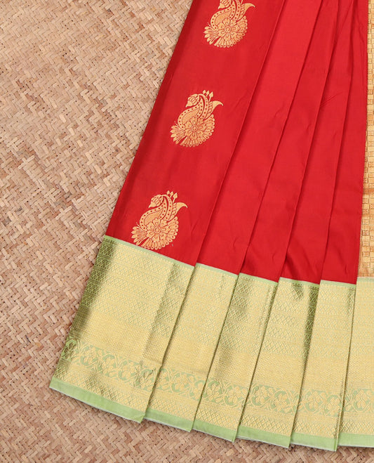 Rust Orange Budget Silk Saree, Accentuated with Zari Buttas, Complemented by a Contrast Traditional Zari Border, Intricate Pallu, and a Contrast Blouse