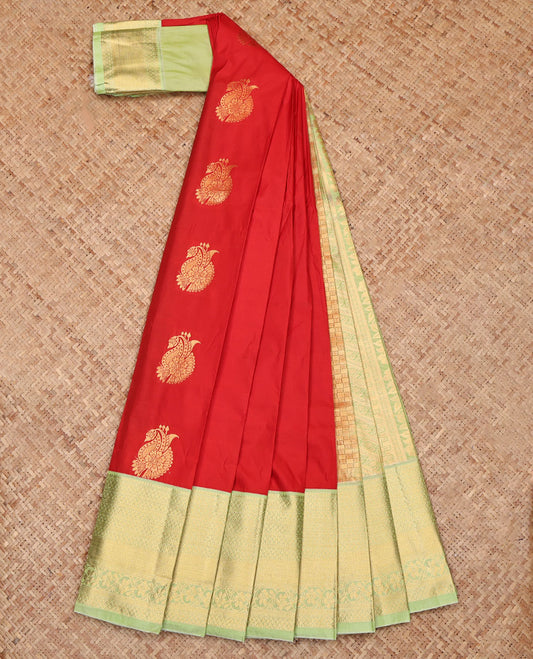 Rust Orange Budget Silk Saree, Accentuated with Zari Buttas, Complemented by a Contrast Traditional Zari Border, Intricate Pallu, and a Contrast Blouse
