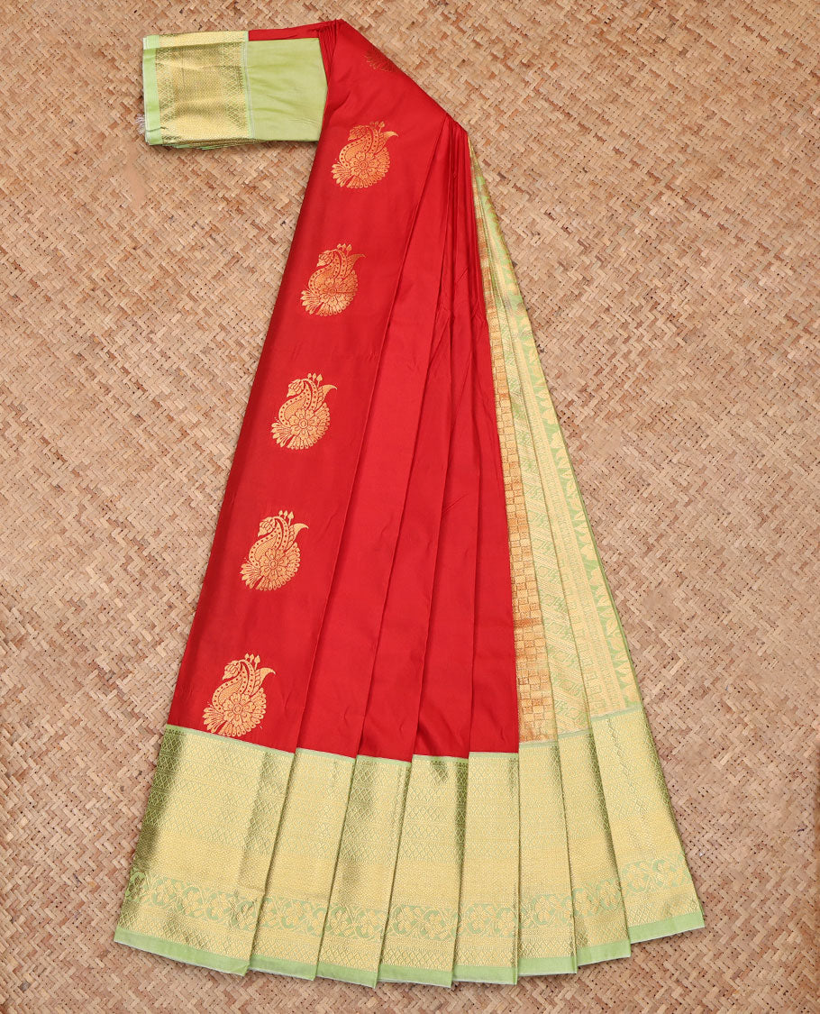 Rust Orange Budget Silk Saree, Accentuated with Zari Buttas, Complemented by a Contrast Traditional Zari Border, Intricate Pallu, and a Contrast Blouse