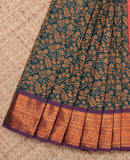 Peacock Blue Budget Silk Saree, Detailed with Floral Vine Design, Complemented by Contrast Traditional Zari Border, a Jaal Pallu and a Contrast Blouse