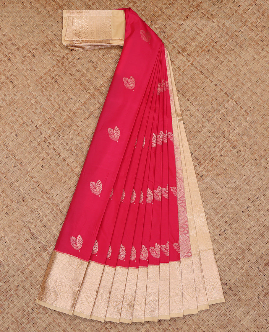 Red Budget Silk Saree, Spotlighted with Zari Buttas, Complemented by a Contrast Traditional Zari Border, Grand Pallu, and a Contrast Blouse