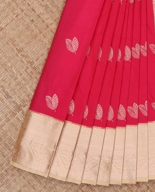 Red Budget Silk Saree, Spotlighted with Zari Buttas, Complemented by a Contrast Traditional Zari Border, Grand Pallu, and a Contrast Blouse