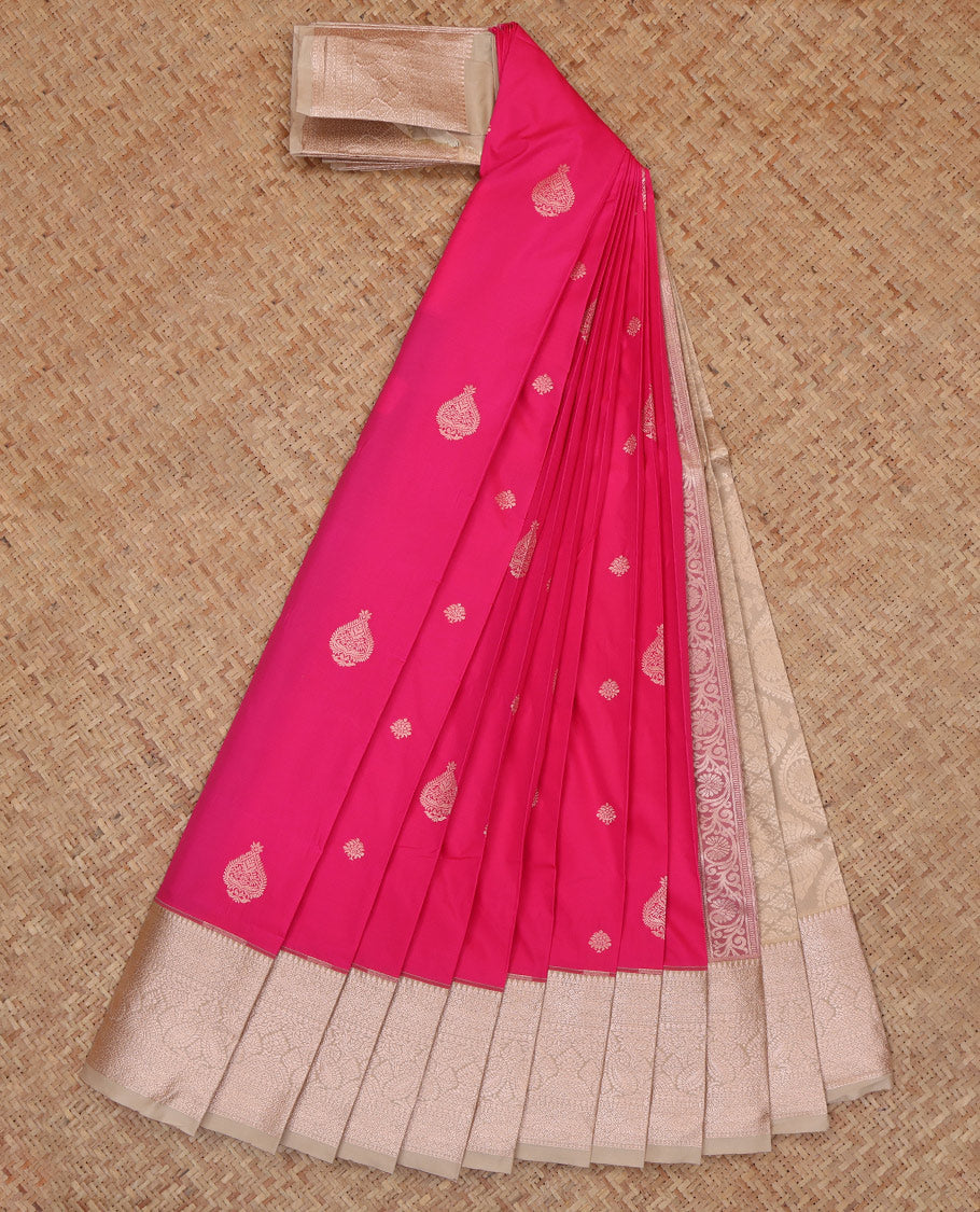 Pink Budget Silk Saree, Highlighted by Zari Buttas, a Contrast Traditional Border, Grand Pallu, and a Contrast Blouse