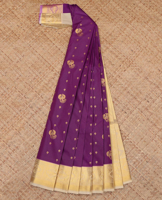 Purple Budget Silk Saree, Decorated with Stripes and Peacock Buttas, a Contrast Traditional Elephant Zari Border, a Grand Pallu and a Contrast Blouse