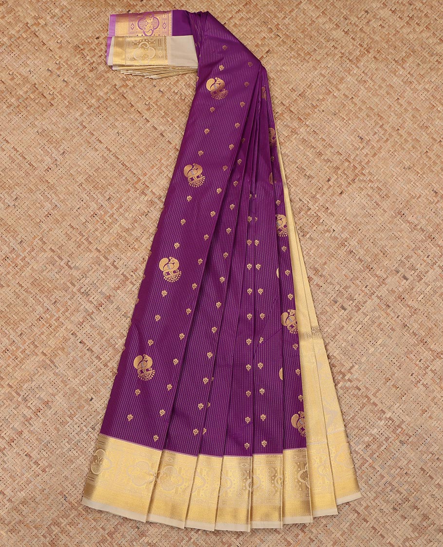 Purple Budget Silk Saree, Decorated with Stripes and Peacock Buttas, a Contrast Traditional Elephant Zari Border, a Grand Pallu and a Contrast Blouse