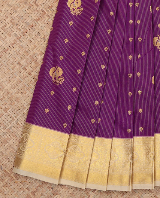 Purple Budget Silk Saree, Decorated with Stripes and Peacock Buttas, a Contrast Traditional Elephant Zari Border, a Grand Pallu and a Contrast Blouse