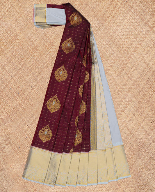 Maroon Budget Silk Saree, Adorned with Zari Buttas and Checks, a Contrast Traditional Zari Border, Grand Pallu, and a Contrast Blouse