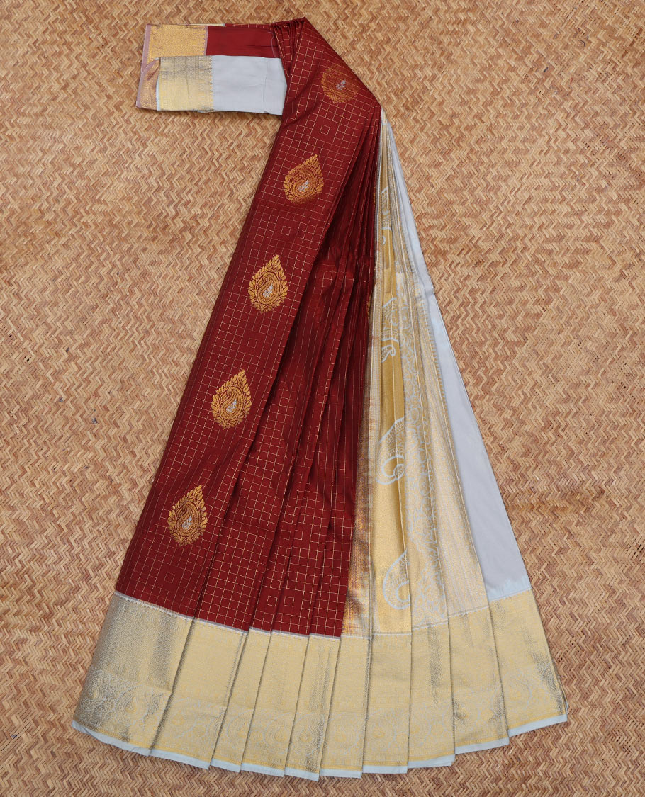 Maroon Budget Silk Saree, Detailed with Zari Buttas and Checks, a Contrast Traditional Zari Border, Grand Pallu, and a Contrast Blouse