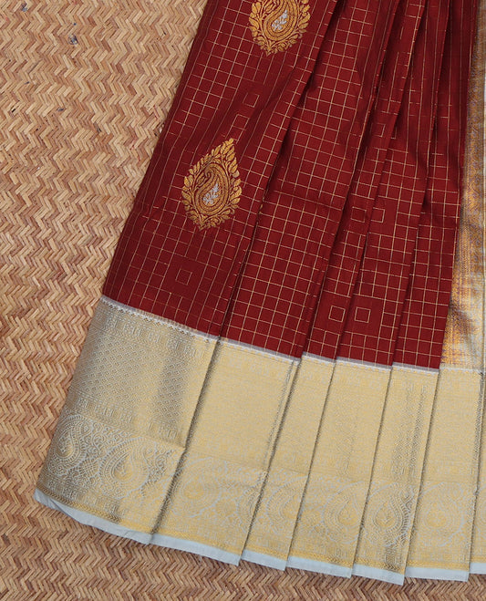 Maroon Budget Silk Saree, Detailed with Zari Buttas and Checks, a Contrast Traditional Zari Border, Grand Pallu, and a Contrast Blouse