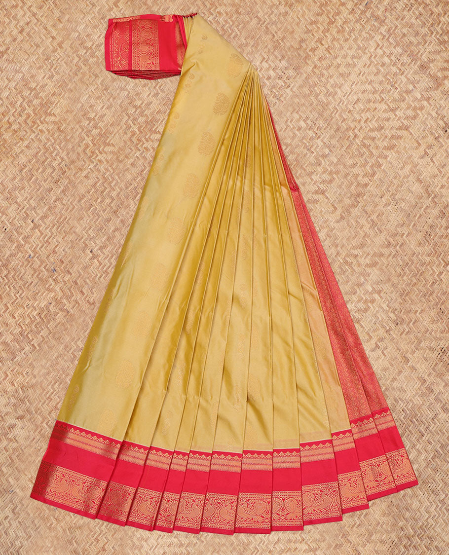 Yellow Budget Silk Saree, Sparsely Woven with Zari Buttas, a Contrast Traditional Rettai Pettu Border, Intricate Pallu, and a Contrast Blouse