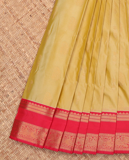 Yellow Budget Silk Saree, Sparsely Woven with Zari Buttas, a Contrast Traditional Rettai Pettu Border, Intricate Pallu, and a Contrast Blouse