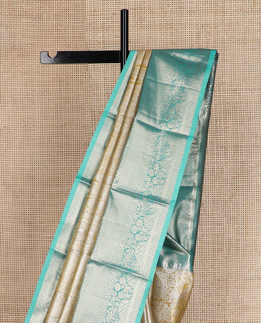 Yellow Wedding theme zari jacquard budget silk saree, contrast traditional zari border, and diagonal striped pallu