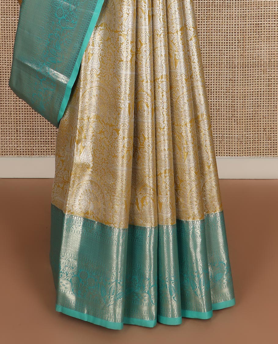 Yellow Wedding theme zari jacquard budget silk saree, contrast traditional zari border, and diagonal striped pallu