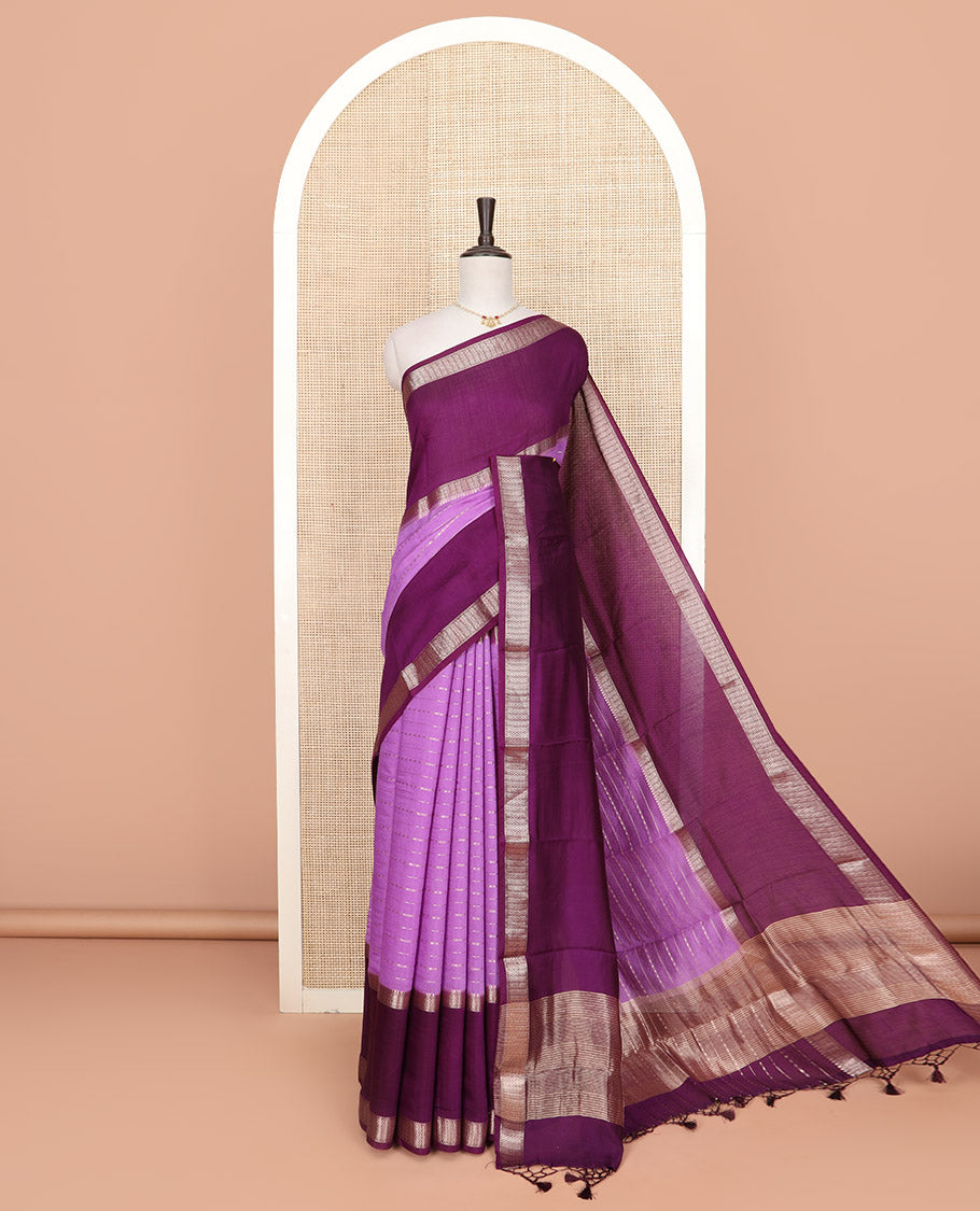 Purple zari design woven Assam silk saree, contrast double-sided big border of traditional zari designs, and zari striped pallu