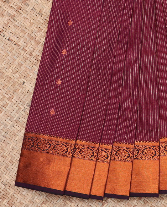 Maroon Budget Silk Saree Adorned with Dotted Zari Stripes and Zari Buttas, Complemented by a Contrasting Temple Floral Creeper Design Zari Border, Intricately Woven Jaal Pallu, and a Contrasting Zari-Bordered Blouse