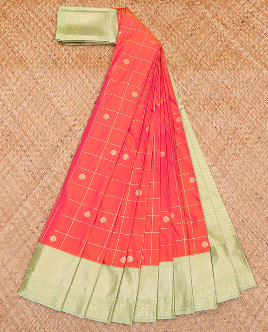 Pink Budget Silk Saree, Gleamed Up with Zari Butta Enclosed Checks, on Its Body, Complemented by Contrast Traditional Zari Design Border, a Subtly Sparkled Pallu, and Paired with a Contrast Blouse