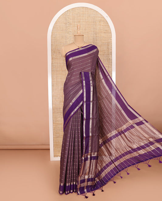 Brown Assam Silk Saree Embellished with Zari Stripes, Complemented with a Contrast Traditional Design Border, Zari-Elevated Pallu, and Paired with a Contrast Blouse