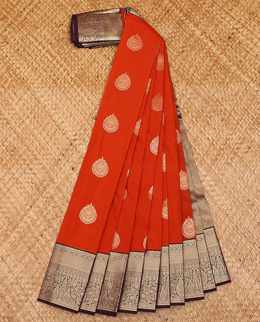 Orange zari buttas budget silk saree, contrast traditional zari design border, and jaal pallu