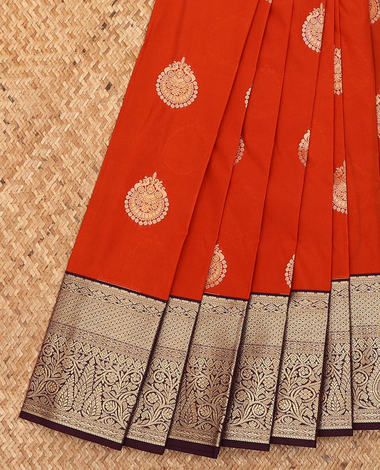 Orange zari buttas budget silk saree, contrast traditional zari design border, and jaal pallu
