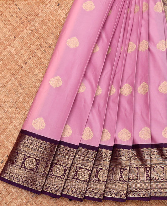 Pink Budget Silk Saree, Graced with Zari Buttas, Complemented by a Contrast Traditional Zari Border, Jaal Pallu, and Contrast Blouse