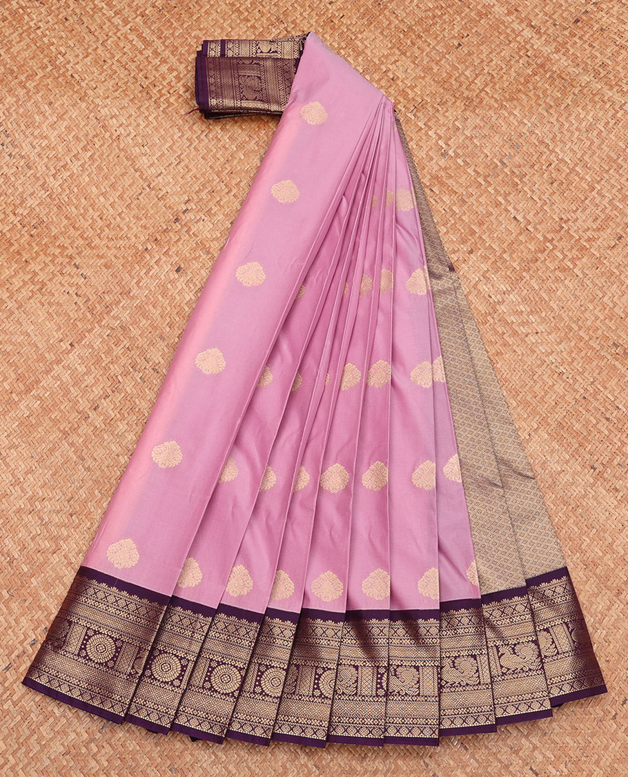 Pink Budget Silk Saree, Graced with Zari Buttas, Complemented by a Contrast Traditional Zari Border, Jaal Pallu, and Contrast Blouse