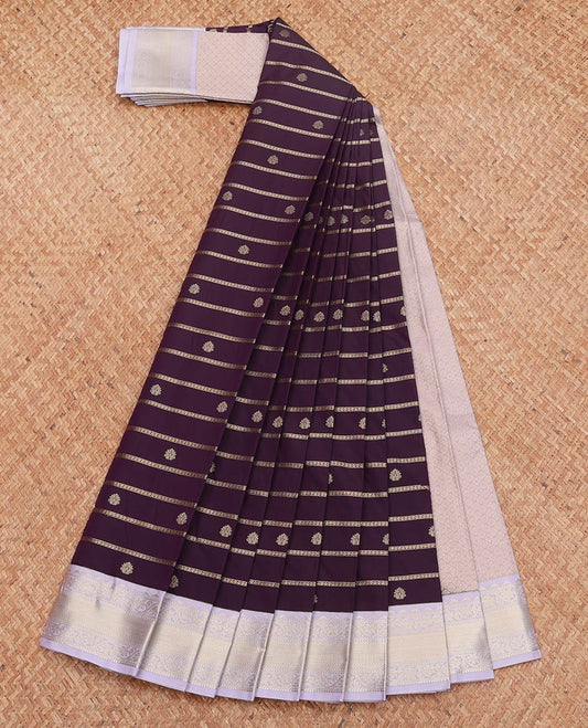 Violet Budget Silk Saree, Enthralled with Zari Buttas, Complemented by a Contrast Traditional Zari Design Border, Jaal Pallu, and a Contrast Blouse
