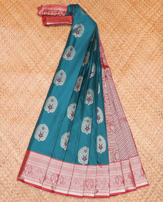 Blue Budget Silk Saree, Woven with Zari Buttas  All Over Its Body, Complemented by a Contrast Traditional Zari Border, Intricately Designed Pallu, and Paired with a Contrast Blouse