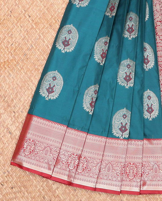Blue Budget Silk Saree, Woven with Zari Buttas  All Over Its Body, Complemented by a Contrast Traditional Zari Border, Intricately Designed Pallu, and Paired with a Contrast Blouse