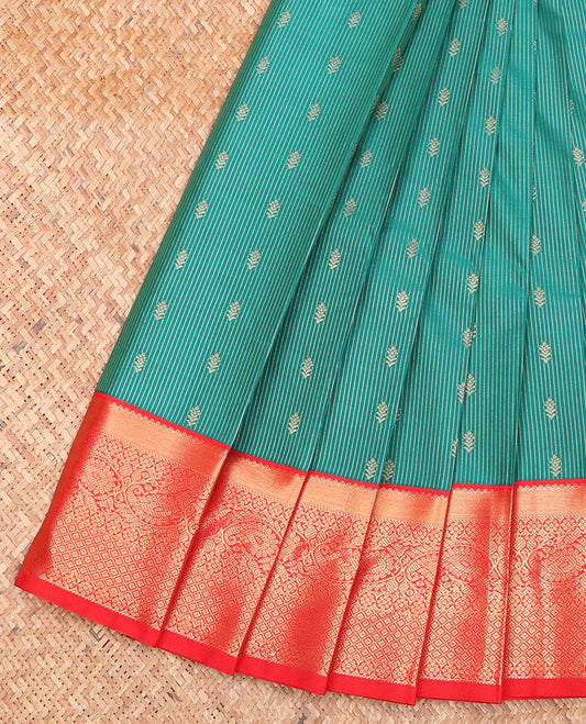 Green Budget Silk Saree, Embellished with Zari Buttas and Stripes on Its Body, Complemented by a Contrast Traditional Zari Design Border, Grand Jaal Pallu, and Paired with a Contrast Blouse
