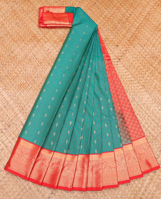 Green Budget Silk Saree, Embellished with Zari Buttas and Stripes on Its Body, Complemented by a Contrast Traditional Zari Design Border, Grand Jaal Pallu, and Paired with a Contrast Blouse
