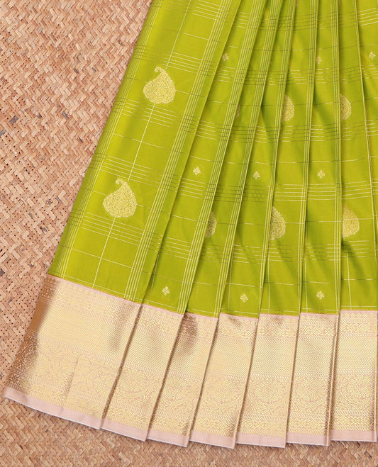 Green Budget Silk Saree, Detailed with Zari Buttas and Checks on Its Body, Complemented by a Contrast Traditional Zari Design Border, Intricately Designed Pallu, and Paired with a Contrast Blouse