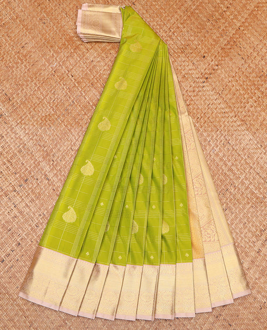 Green Budget Silk Saree, Detailed with Zari Buttas and Checks on Its Body, Complemented by a Contrast Traditional Zari Design Border, Intricately Designed Pallu, and Paired with a Contrast Blouse