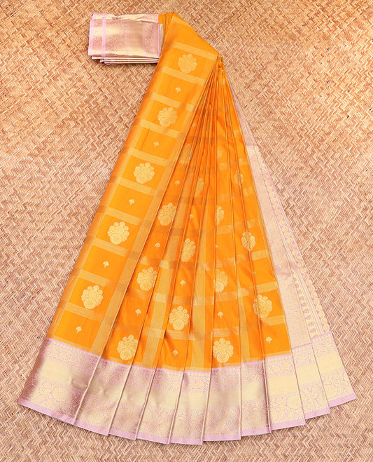 Yellow Budget Silk Saree, Finely Crafted with Zari Butta Enclosed Checks, Complemented by a Contrast Traditional Border, Intricate Pallu, and a Contrast Blouse