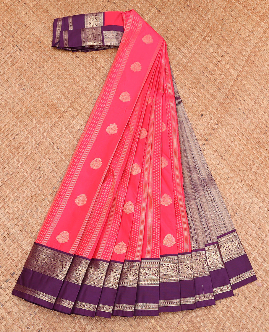 Pink Budget Silk Saree, Dazzled with Zari Buttas and Stripes, Complemented by Contrast Traditional Zari Rettai Pettu Border, Geometric Pallu, and a Contrast Blouse