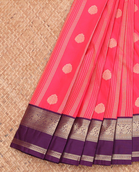 Pink Budget Silk Saree, Dazzled with Zari Buttas and Stripes, Complemented by Contrast Traditional Zari Rettai Pettu Border, Geometric Pallu, and a Contrast Blouse