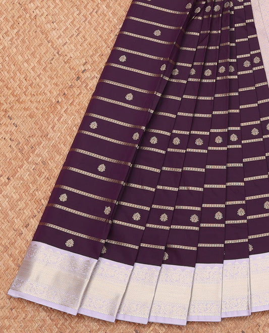 Purple Budget Silk Saree, Embellished with Zari Buttas and Stripes, Complemented by a Contrast Traditional Zari Border, Grand Pallu, and a Contrast Blouse