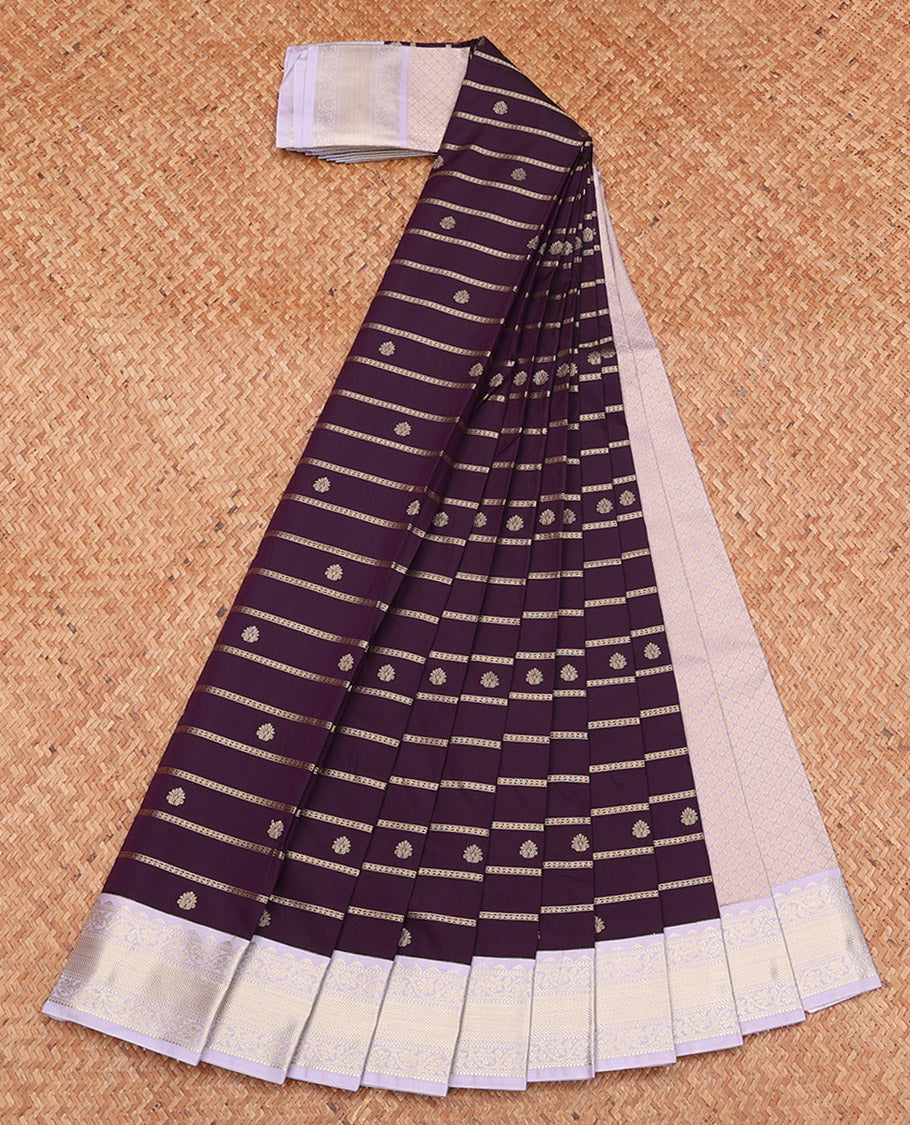 Purple Budget Silk Saree, Embellished with Zari Buttas and Stripes, Complemented by a Contrast Traditional Zari Border, Grand Pallu, and a Contrast Blouse