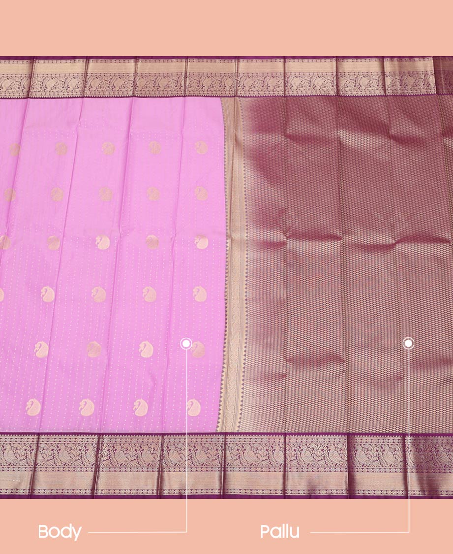 Pink Budget Silk Saree Artfully Detailed with Small Buttas and Paisley Buttas, Complemented by a Contrast Traditional Zari Motif Border, Adorned with Pallu of Intricate Designs, and Paired with a Contrast Blouse