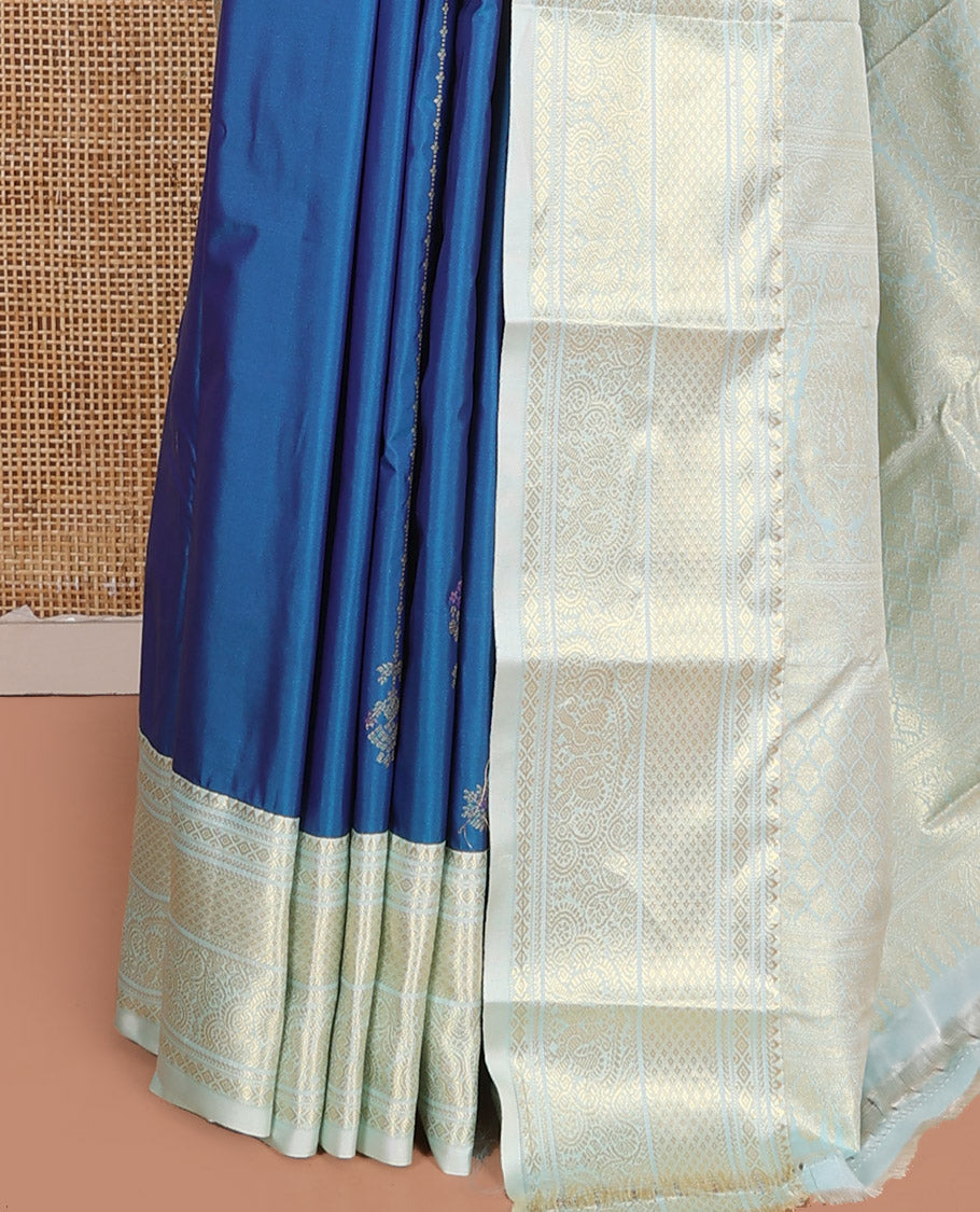 Blue Budget Silk Saree, Steeped in Richness of Zari Buttas on Its Body, Complemented by a Contrast Traditional Zari Design Border, Intricately Designed Pallu, and Paired with a Contrast Blouse